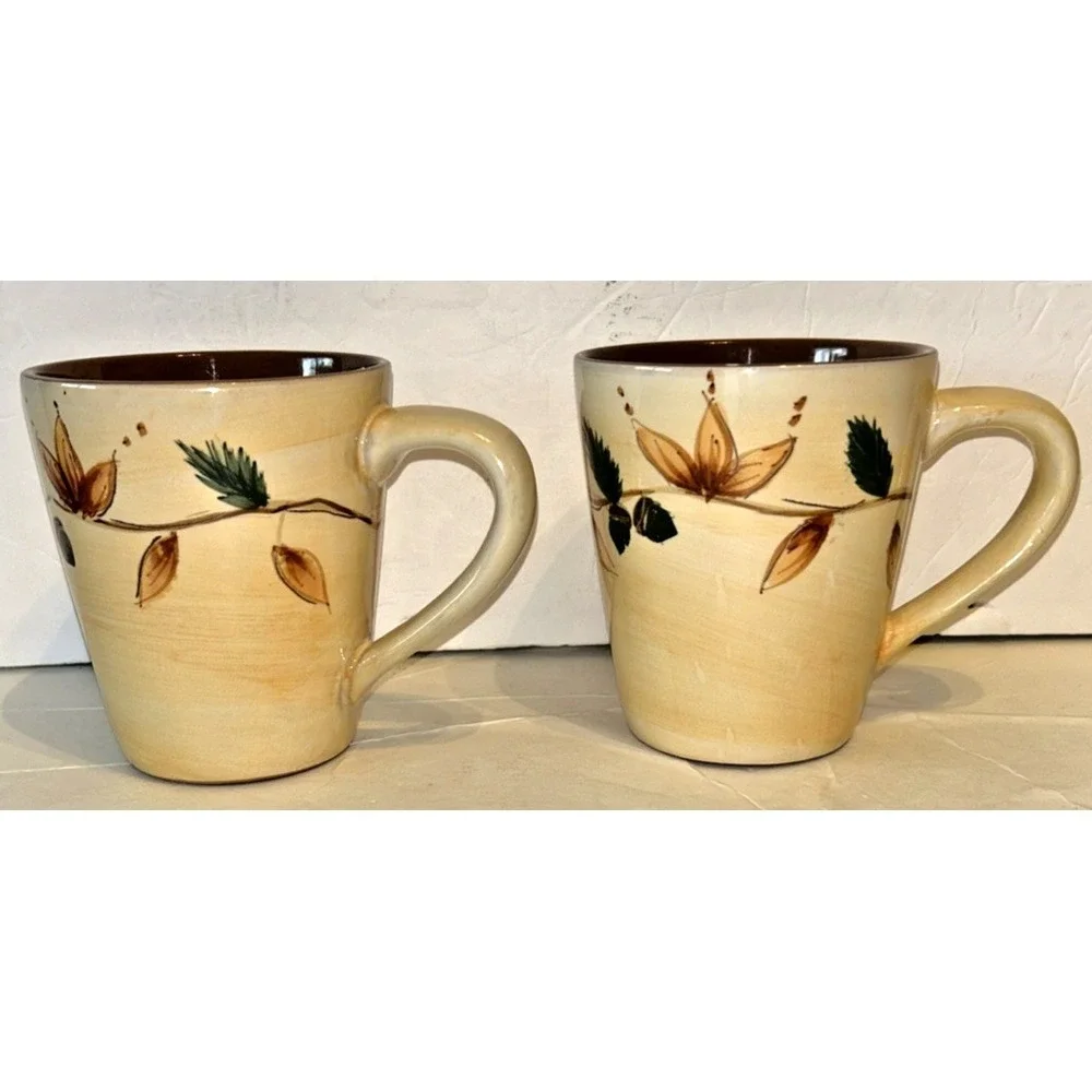 LOT 2 Pottery Barn Tree of Life Autumn Leaves Acorns Coffee Mugs